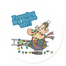 freezing my bulbs off xmas lights funny cartoon round sticker