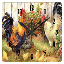 French Country Rooster Hen Print Clock