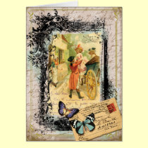 French Couple in Carriage Vintage Style Card cards