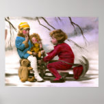 French girls playing with their toys in the snow posters
