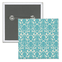 French Ornament Vintage Antique Damask Blue, White Pinback Button