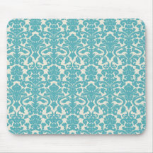 French Ornament Vintage Antique Damask Blue, White Mousepads