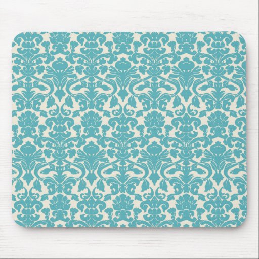 French Ornament Vintage Antique Damask Blue, White Mousepads
