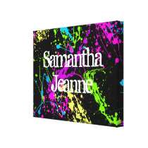 Fresh Retro Neon Paint Splatter on Black Stretched Canvas Print
