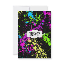Fresh Retro Neon Paint Splatter on Black Personalized Announcements