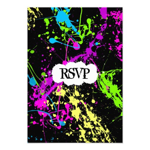 Fresh Retro Neon Paint Splatter on Black Personalized Announcements