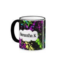 Fresh Retro Neon Paint Splatter on Black Coffee Mugs