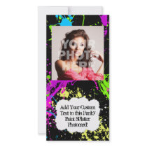 Fresh Retro Neon Paint Splatter on Black Photo Card