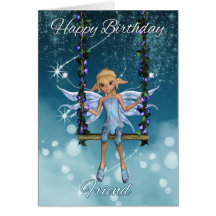Friend Happy Birthday cute fairy on flower swing Cards