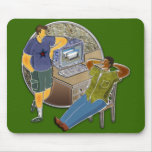 Friends talking at desk by computer stone wall mousepad