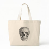 Frontal view drawing of a human skull tote bags