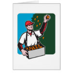 Fruit Picker With Basket Retro Woodcut Card