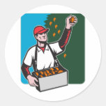 Fruit Picker With Basket Retro Woodcut Round Sticker