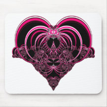 Fuchsia and black fractal heart mouse pads