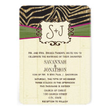 Fuchsia and Olive Barn Wood Zebra Print Wedding Invitations