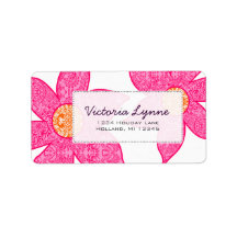 Fuchsia Coral Flowers Grey Dots Address Label
