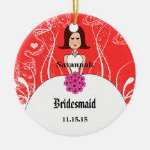 Fuchsia & Coral Wedding Brown Hair  Bridesmaid Christmas Tree Ornament