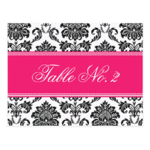 Fuchsia Damask Wedding Table Number Post Card