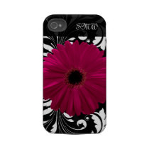 Fuchsia Gerbera Daisy with Black and White Swirl Iphone 4 Tough Case