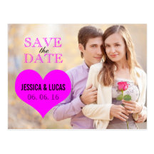 FUCHSIA PINK HEART PHOTO SAVE THE DATE POST CARDS