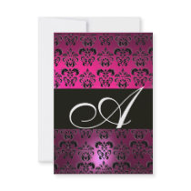 FUCHSIA  PURPLE BLACK  DAMASK MONOGRAM RSVP white Invites