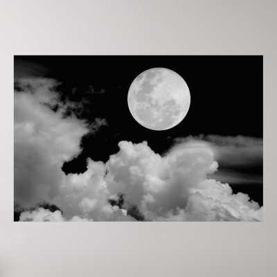 FULL MOON CLOUDS BLACK AND WHITE POSTER by VoXeeD