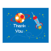 Fun blast off spaceship boys thank you postcard