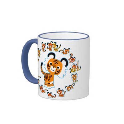 Fun Cartoon Tigers Mandala (Blue) Mug by Lioness_Graphics