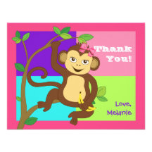 Fun Colourful Little Girl Monkey Note Card Invitation