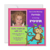 Fun Colourful Little Girl Monkey Photo Invitation