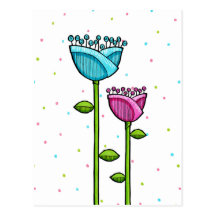 Fun Doodle Flowers blue pink dots Postcard