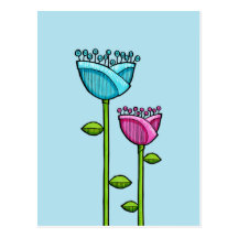 Fun Doodle Flowers blue pink Postcard