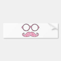 FUN MUSTACHE AND GLASSES, PRINTED PINK GLITTER BUMPER STICKER