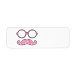 FUN MUSTACHE AND GLASSES, PRINTED PINK GLITTER CUSTOM RETURN ADDRESS LABELS