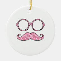 FUN MUSTACHE AND GLASSES, PRINTED PINK GLITTER ORNAMENTS