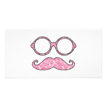 FUN MUSTACHE AND GLASSES, PRINTED PINK GLITTER PHOTO CARD TEMPLATE