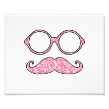 FUN MUSTACHE AND GLASSES, PRINTED PINK GLITTER PHOTOGRAPHIC PRINT