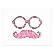 FUN MUSTACHE AND GLASSES, PRINTED PINK GLITTER POSTCARD