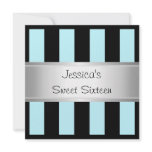 Fun Sweet 16 Light Blue Black Stripes Silver Party Custom Announcement