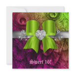 Fun Sweet 16 Party Invite Peacock Bow Lime Silver