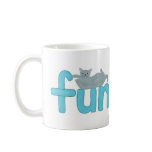 Fun word in aqua with playful grey cat, mugs