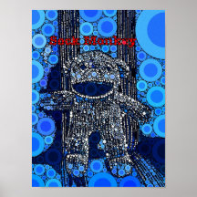 Funky Blue Sock Monkey Circles Bubbles Pop Art Poster