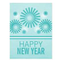 Funky Fireworks New Years Postcard, Teal