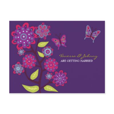 Funky Purple Flowers Wedding Save the Date by poptasticbride