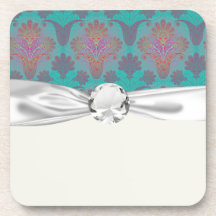 funky turquoise and magenta  damask drink coasters