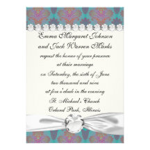 funky turquoise and magenta damask personalized invite