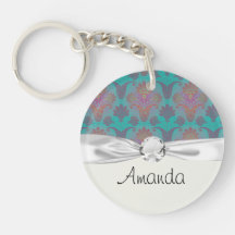 funky turquoise and magenta  damask acrylic key chain
