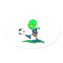 funny alien soccer player kicking ball oval sticker