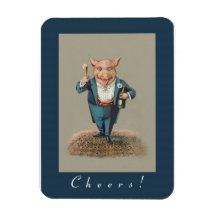Funny Anthropomorphic Pig with Bubbling Champagne Rectangular Magnets