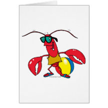 funny beach going  lobster cartoon greeting cards